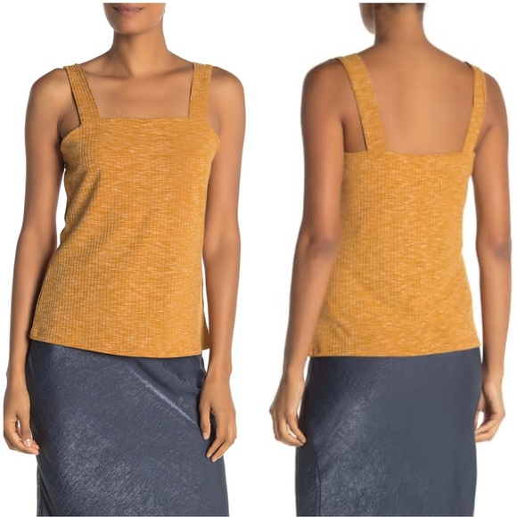 bobeau Tops - Bobeau Ribbed Marl Square Neck Tank Top in Mustard